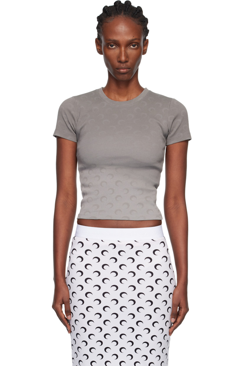 Rib-knit organic cotton- and recycled cotton-blend T-shirt.

· Fading and printed logo pattern throughout
· Crewneck
· Logo patch at back collar

Supplier color: Moon faded jersey dark grey