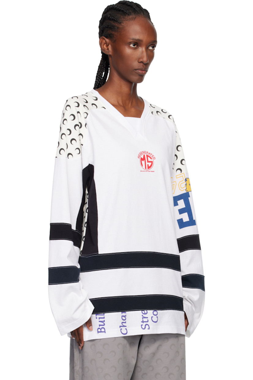 Upcycled cotton jersey T-shirt.

· Logo pattern and graphics printed throughout
· Paneled construction
· Rib-knit V-neck
· Logo printed at chest 
· Vented side seams
· Saddle shoulders

Each item is unique. Please note graphics may vary.

Supplier color: Regenerated graphic jersey white
