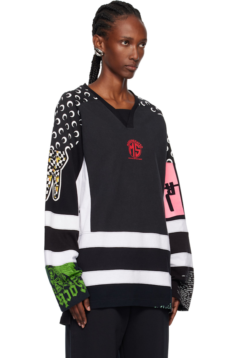 Upcycled cotton jersey T-shirt.

· Logo pattern and graphics printed throughout
· Paneled construction
· Rib-knit V-neck
· Logo printed at chest 
· Vented side seams
· Saddle shoulders

Each item is unique. Please note graphics may vary.

Supplier color: Black