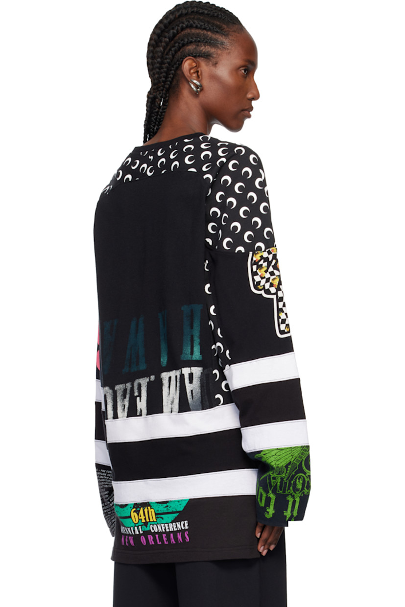 Upcycled cotton jersey T-shirt.

· Logo pattern and graphics printed throughout
· Paneled construction
· Rib-knit V-neck
· Logo printed at chest 
· Vented side seams
· Saddle shoulders

Each item is unique. Please note graphics may vary.

Supplier color: Black