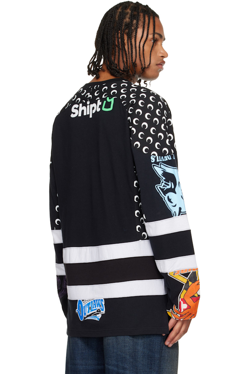 Upcycled cotton jersey T-shirt.

· Logo pattern and graphics printed throughout
· Paneled construction
· Rib-knit V-neck
· Logo printed at chest 
· Vented side seams
· Saddle shoulders

Each item is unique. Please note graphics may vary.

Supplier color: Regenerated graphic jersey black