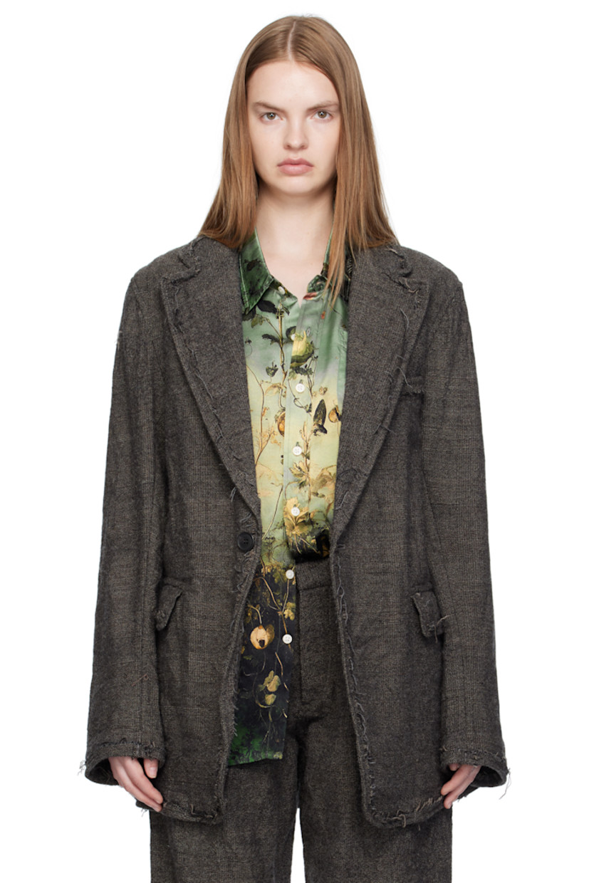 Wool tweed blazer.

· Check pattern and frayed edges throughout
· Notched lapel
· Button closure
· Welt pocket at chest
· Flap pockets at waist
· Central vent at back hem
· Unlined

Supplier color: Dark grey