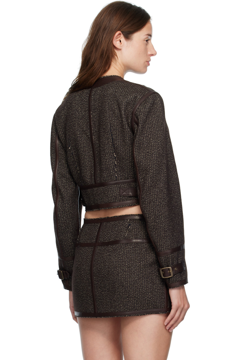 Brushed woven cotton- and wool-blend jacket.

· Buffed leather trim and raw edges throughout
· Round neck
· Zip closure
· Darts at front and back
· Zip pockets at waist
· Cropped hem
· Pin-buckle tab at side seams and cuffs
· Unlined
· Antiqued brass-tone hardware

Supplier color: Brown