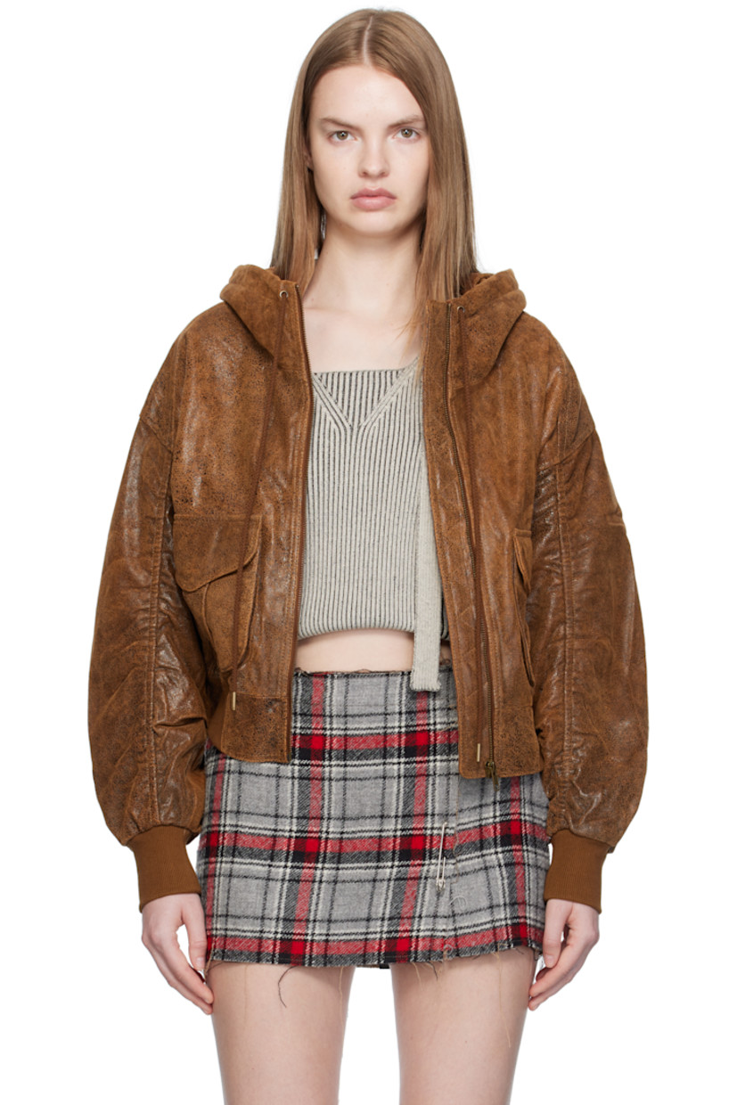 Cracked sheepskin jacket.

· Drawstring at hood
· Zip closure
· Bellows pockets at front
· Cropped hem
· Rib-knit hem and cuffs
· Dropped shoulders
· Ruching at sleeves and back
· Gathering at back hem
· Full satin twill lining

Supplier color: Brown