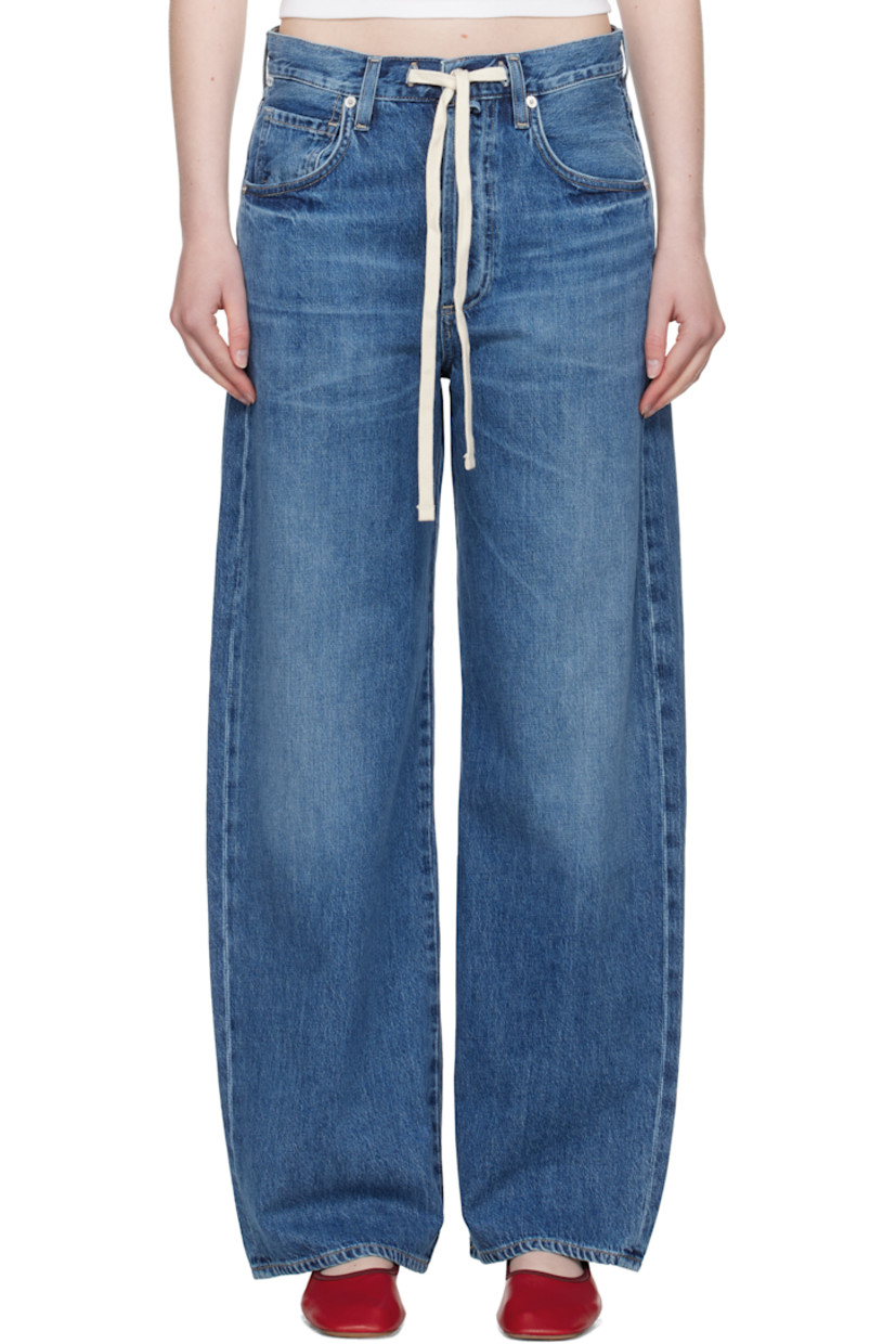 Non-stretch regenerative cotton denim jeans. Fading and whiskering throughout.

· Belt loops
· Detachable drawstring at waistband
· Five-pocket styling
· Button fly
· Logo patch at back waistband
· Logo-engraved silver-tone hardware 
· Contrast stitching in beige

Supplier color: Atlantis
