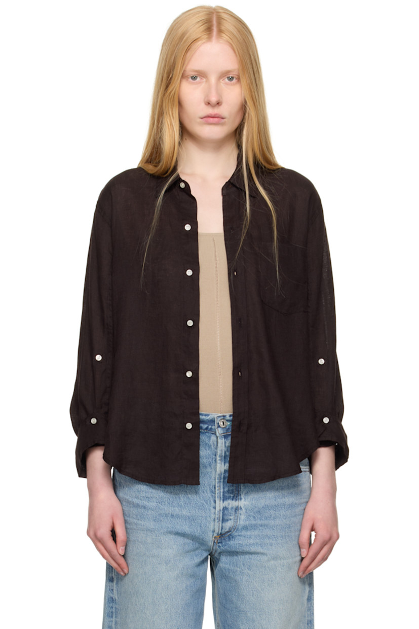 Linen hopsack shirt. 

· Semi-sheer 
· Spread collar
· Button closure
· Shirttail hem
· Buttoned barrel cuffs
· Locker loop at back yoke 

Supplier color: Chocolate