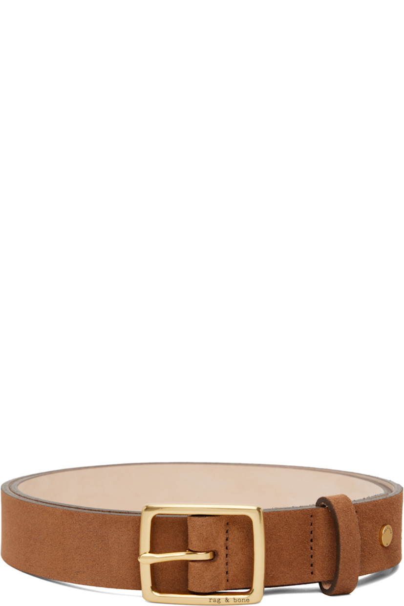 Suede belt in tan. 

· Rivet and keeper loop at length
· Pin-buckle fastening 
·� Logo-engraved gold-tone hardware
· W1.25"

Supplier color: Pecan suede