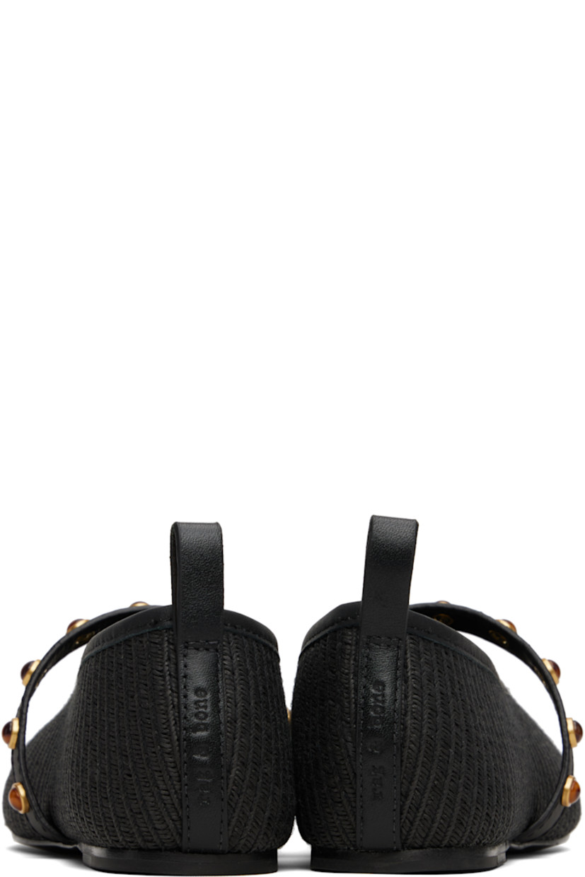 Woven straw ballerina flats in black.

· Grained leather trim throughout
· Square toe 
· Elasticized strap with stones at vamp 
· Pull-loop at heel tab
· Logo embossed at heel 
· Antimicrobial OrthoLite® Lazy-Hybrid™ insole
· Plain-woven lining 
· Leather sole with rubber injections 
· Gold-tone hardware 

Supplier color: Black