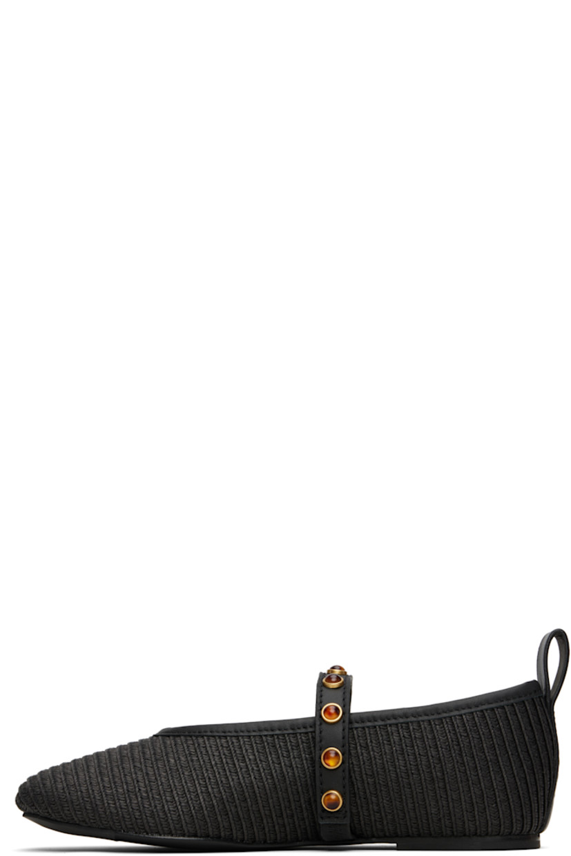 Woven straw ballerina flats in black.

· Grained leather trim throughout
· Square toe 
· Elasticized strap with stones at vamp 
· Pull-loop at heel tab
· Logo embossed at heel 
· Antimicrobial OrthoLite® Lazy-Hybrid™ insole
· Plain-woven lining 
· Leather sole with rubber injections 
· Gold-tone hardware 

Supplier color: Black