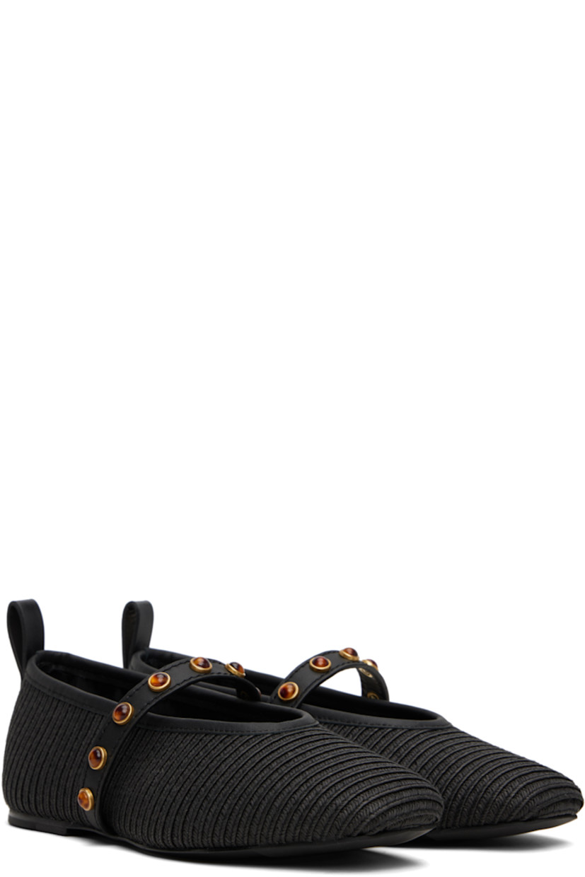 Woven straw ballerina flats in black.

· Grained leather trim throughout
· Square toe 
· Elasticized strap with stones at vamp 
· Pull-loop at heel tab
· Logo embossed at heel 
· Antimicrobial OrthoLite® Lazy-Hybrid™ insole
· Plain-woven lining 
· Leather sole with rubber injections 
· Gold-tone hardware 

Supplier color: Black