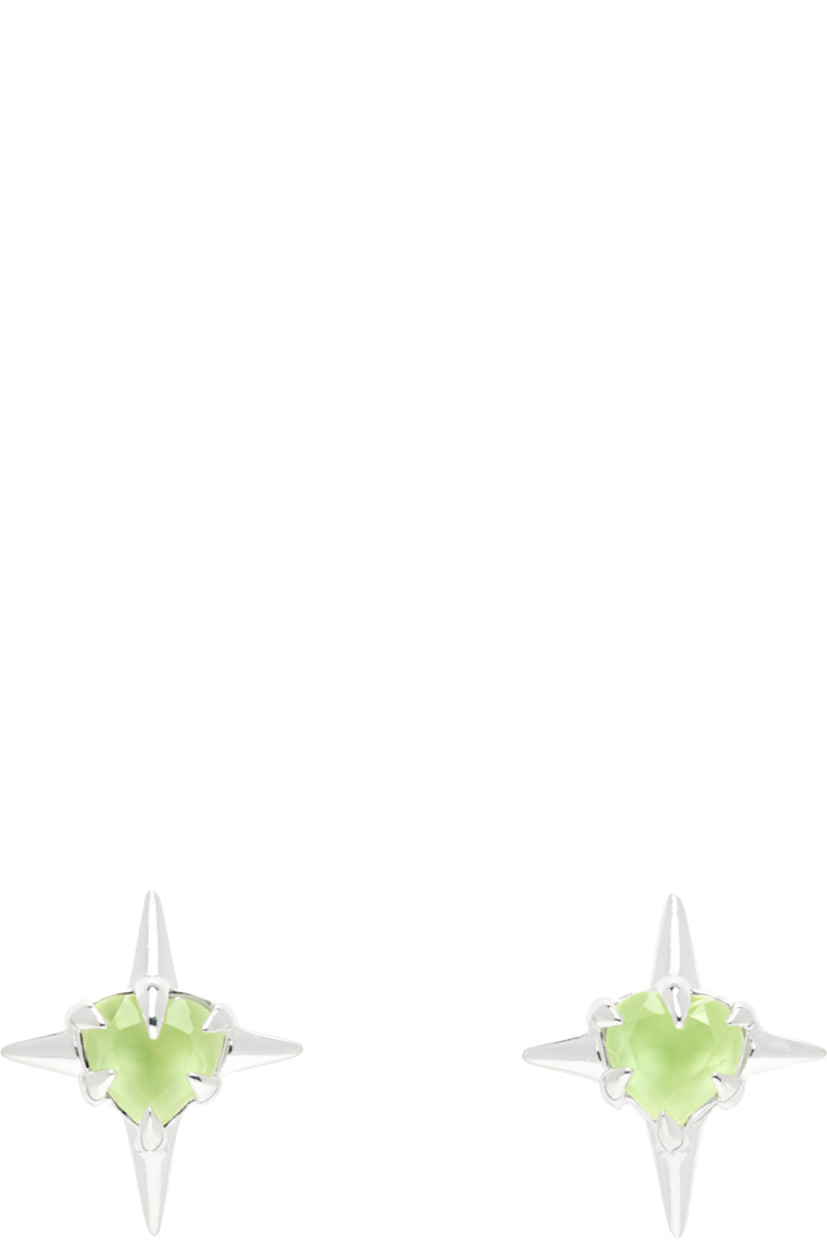 Pair of stud earrings in sterling silver.

· Prong-set green amethyst stone at face
· Post-stud fastening
· H0.5" x W0.5"

Supplier color: Silver/Green amethyst