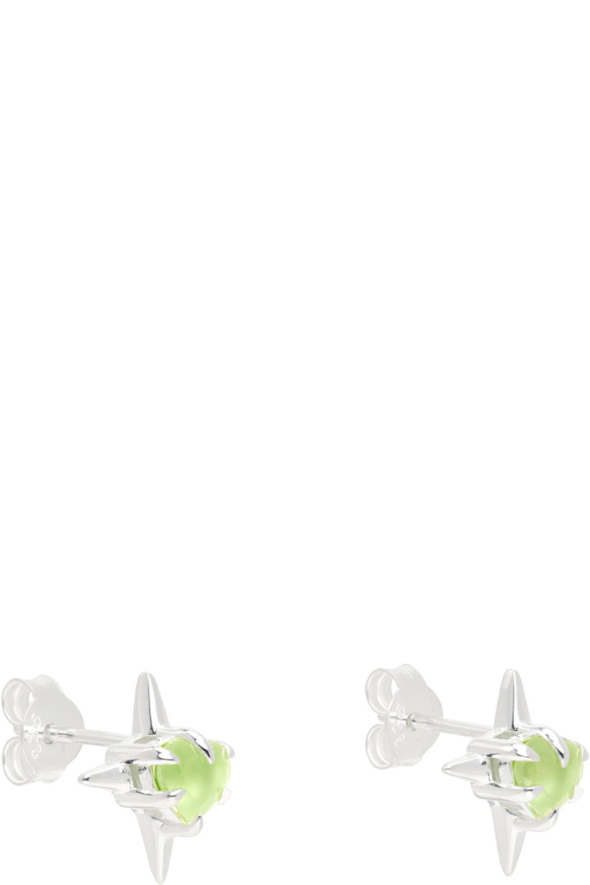 Pair of stud earrings in sterling silver.

· Prong-set green amethyst stone at face
· Post-stud fastening
· H0.5" x W0.5"

Supplier color: Silver/Green amethyst