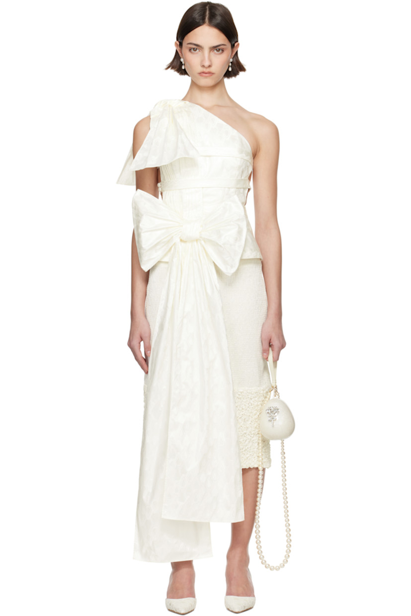 Cotton satin top. Jacquard graphic pattern throughout.

· Single-shoulder construction
· Pleats at front
· Bow accent at front and shoulder strap
· Button closure at side seam

Part of the exclusive SSENSE Bridal capsule.

Supplier color: Off white