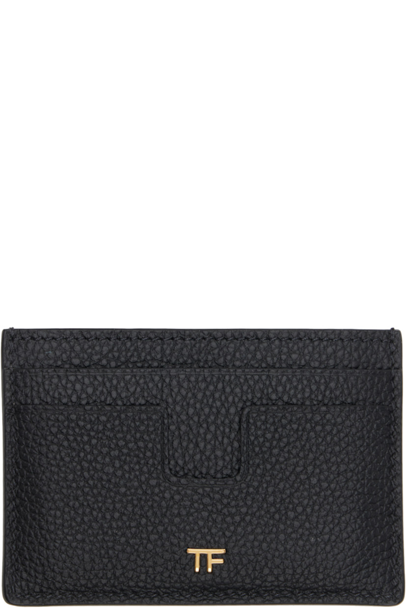 Pebble-grained calfskin card holder. 

· Inset logo hardware at face
· Four card slots and central note slot 
· Sheepskin lining 
· Gold-tone hardware
· H2.75" x W4" 

Supplier color: Black