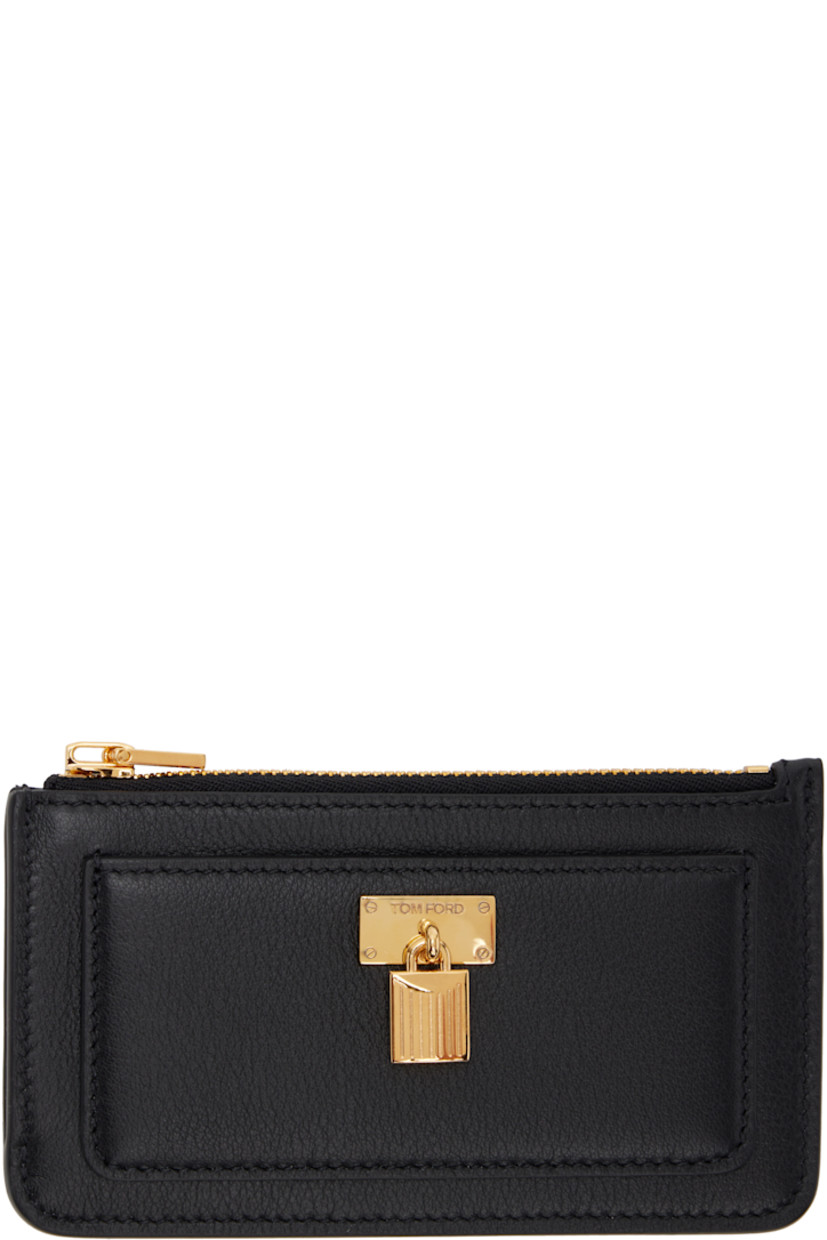 Grained calfskin card holder. 

· Card slot at face
· Padlock charm and logo plaque 
· Gold-tone logo stamp at back face
· Four card slots 
· Zip coin pouch
· Sheepskin interior 
· Moiré lining
· Gold-tone hardware
· H3" x W5.25"

Supplier color: Black