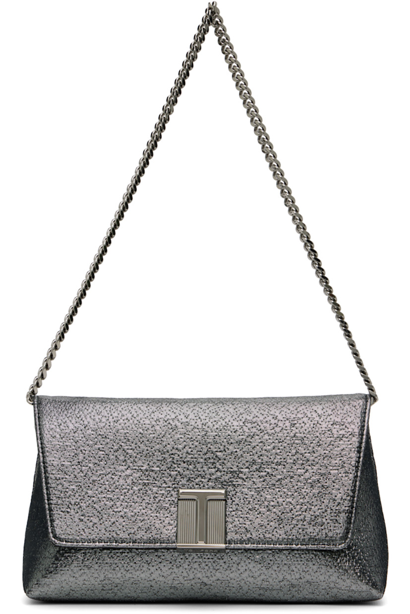 Woven shoulder bag.

· Detachable curb chain shoulder strap
· Logo hardware at face
· Magnetic press-stud flap
· Satin lining
· Logo-engraved gunmetal-tone hardware
· H4.5" x W8.75" x D3.75"

Supplier color: Dark silver