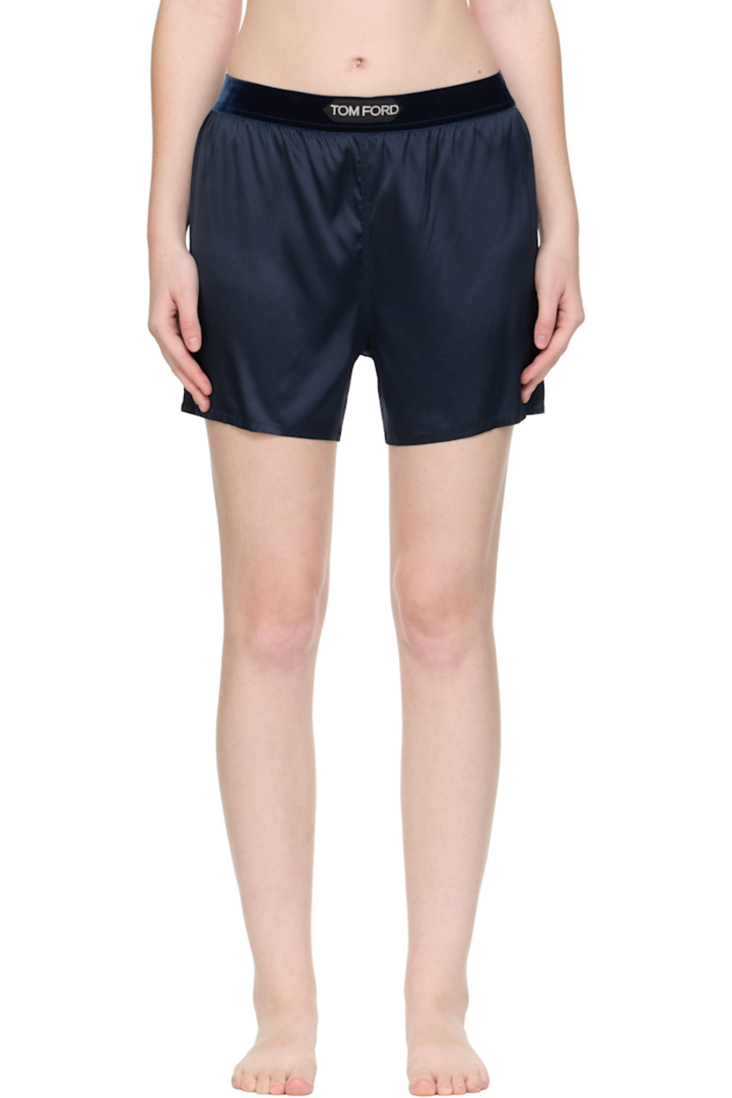 Stretch silk satin shorts.

· Logo patch at velour elasticized waistband
· Vented cuffs

Supplier color: Dark navy