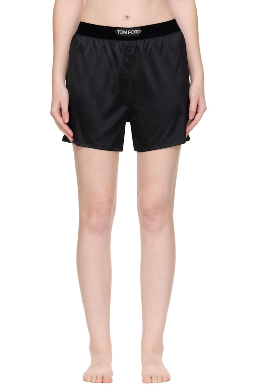 Stretch silk satin shorts.

· Logo patch at velour elasticized waistband
· Vented cuffs

Supplier color: Black