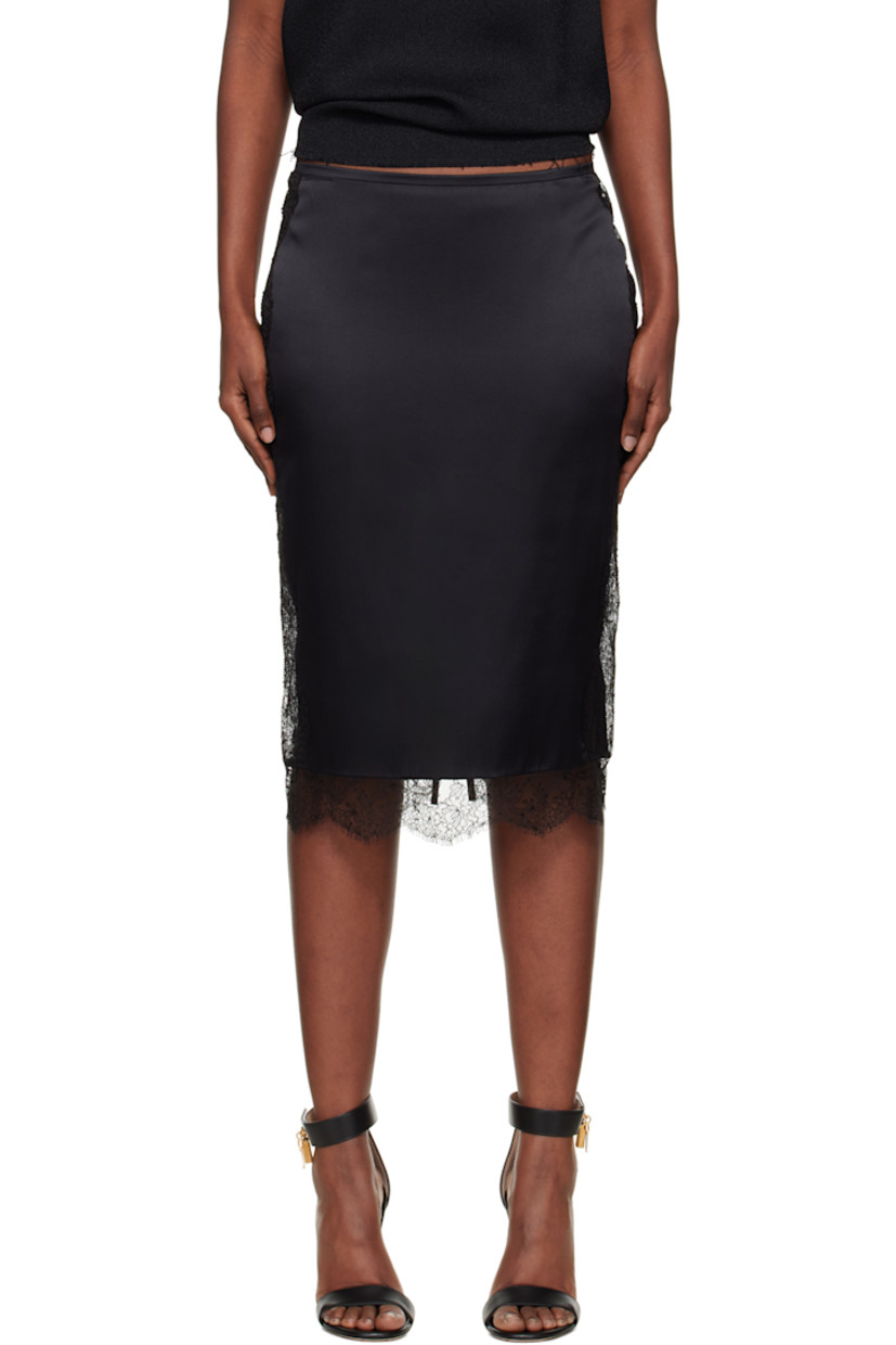 Stretch silk satin midi skirt.

· Lace trim at hem and side seams
· Zip closure at back 
· Central vent at back hem

Supplier color: Black