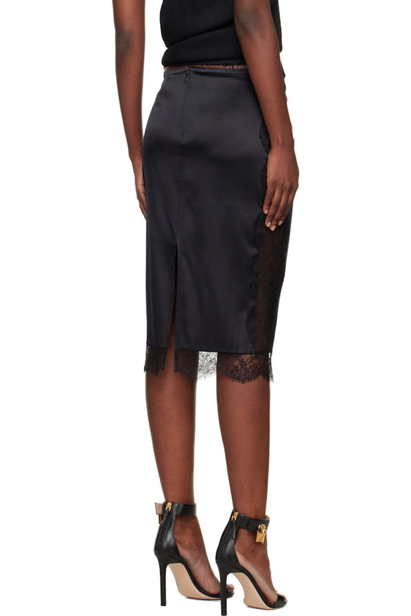 Stretch silk satin midi skirt.

· Lace trim at hem and side seams
· Zip closure at back 
· Central vent at back hem

Supplier color: Black