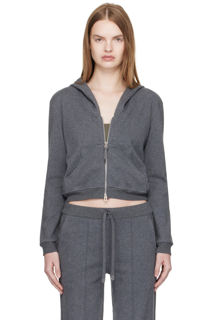 Peached cotton jersey hoodie. 

· Two-way zip closure
· Patch pockets at front
· Cropped hem
· Rib-knit hem and cuffs
· Leather logo flag at side seam

Supplier color: Dark grey melange