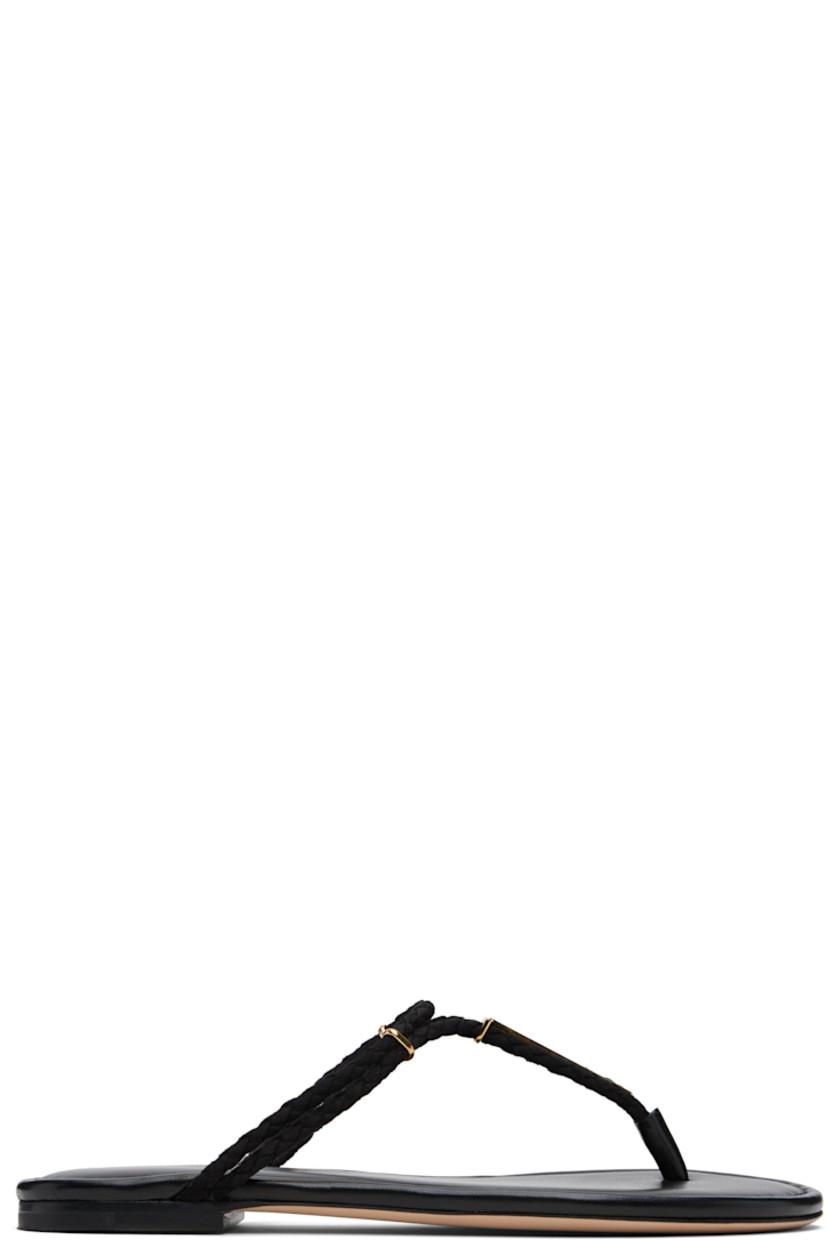 Woven goatskin suede slip-on flat sandals.

· Open toe
· Logo hardware at vamp
· Logo stamp at padded buffed leather footbed
· Stacked leather heel with rubber injection
· Leather sole

Supplier color: Black