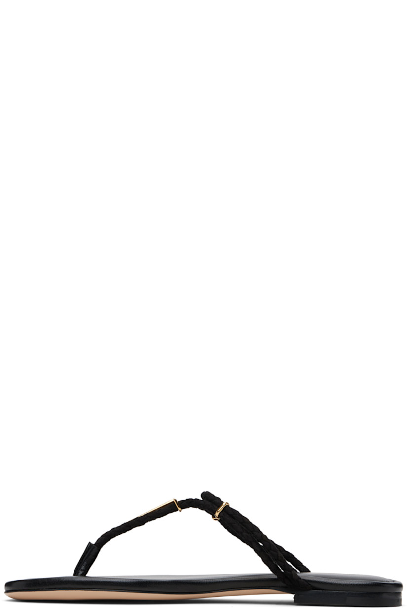 Woven goatskin suede slip-on flat sandals.

· Open toe
· Logo hardware at vamp
· Logo stamp at padded buffed leather footbed
· Stacked leather heel with rubber injection
· Leather sole

Supplier color: Black