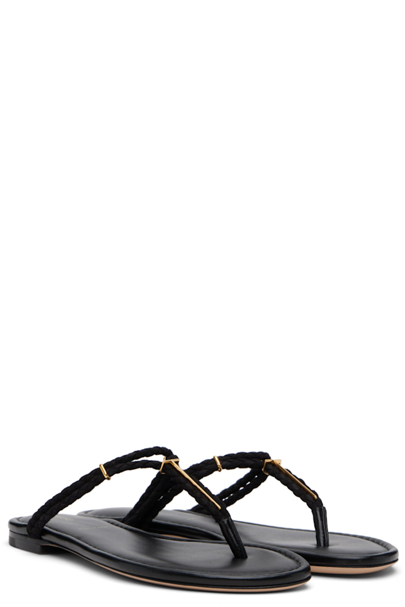 Woven goatskin suede slip-on flat sandals.

· Open toe
· Logo hardware at vamp
· Logo stamp at padded buffed leather footbed
· Stacked leather heel with rubber injection
· Leather sole

Supplier color: Black