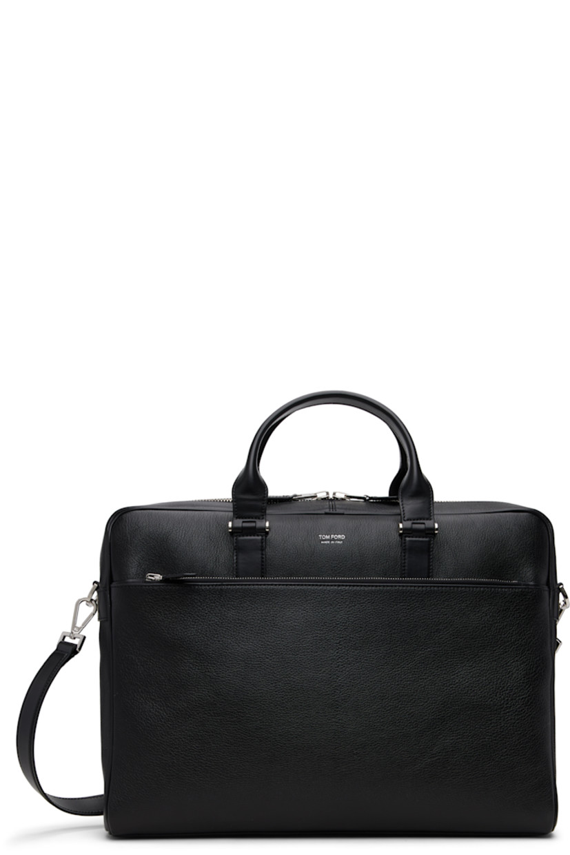 Grained goatskin briefcase.

· Rolled carry handles
· Adjustable and detachable crossbody strap
· Logo stamp and zip compartment at face
· Luggage strap at back face
· Two-way zip closure
· Pen slots, card slot, and patch pockets at interior
· Laptop compartment and zip pocket
· Twill lining
· H12.5" x W16.5" x D3.5"

Supplier color: Black