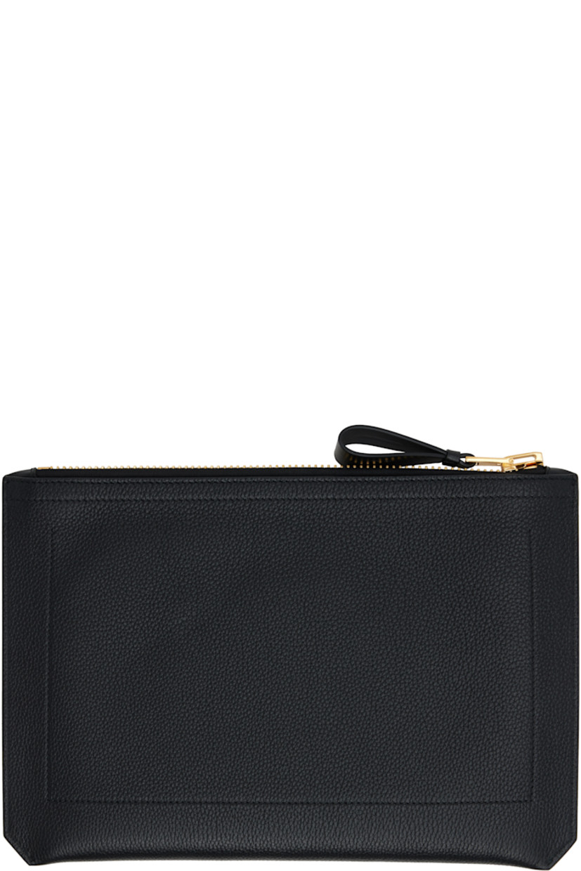 Pebble-grained calfskin document holder.

· Embossed logo and carry handle at face
· Wristlet at zip closure
· Two-compartment interior
· Three card slots and two patch pockets at interior
· Logo-engraved gold-tone hardware
· H8.75" x W12.5"

Supplier color: Black