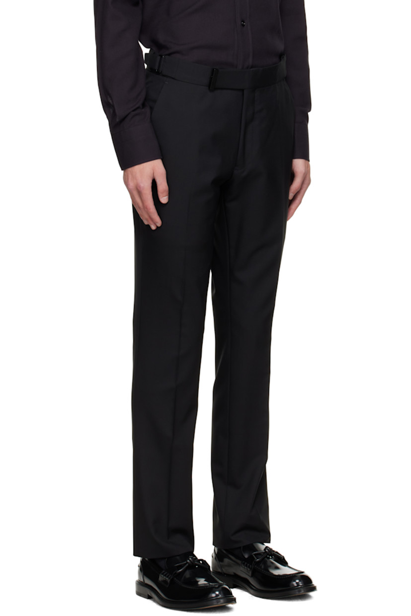 Plain-woven wool trousers.

· Cinch tabs at waistband
· Four-pocket styling
· Zip fly
· Creased legs
· Unfinished cuffs
· Buttons and notch at back waistband
· Partial satin lining

Supplier color: Black