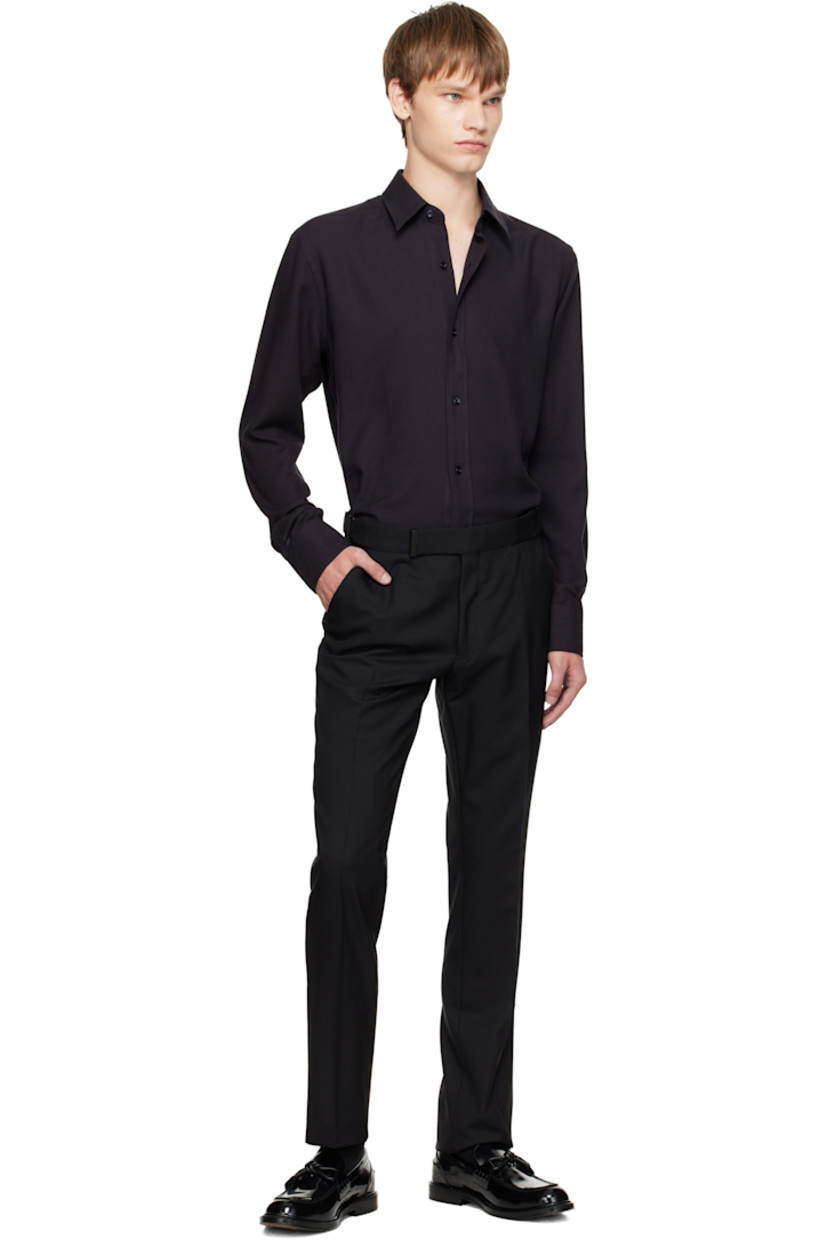 Plain-woven wool trousers.

· Cinch tabs at waistband
· Four-pocket styling
· Zip fly
· Creased legs
· Unfinished cuffs
· Buttons and notch at back waistband
· Partial satin lining

Supplier color: Black