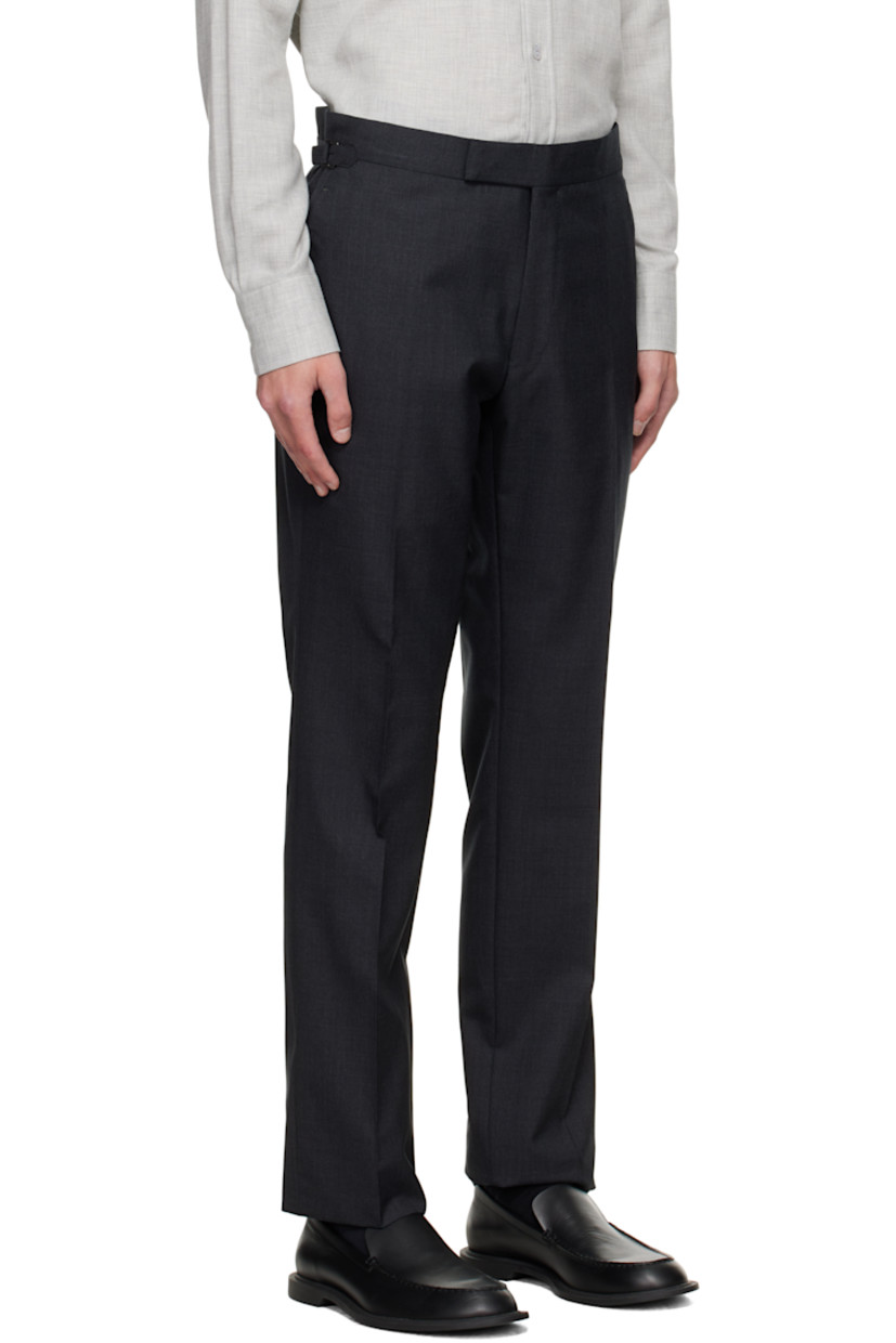 Plain-woven wool trousers

· Cinch tabs at waistband
· Four-pocket styling
· Zip fly
· Creased legs
· Unfinished hem
· Notch at back waistband
· Partial satin lining

Supplier color: Dark grey