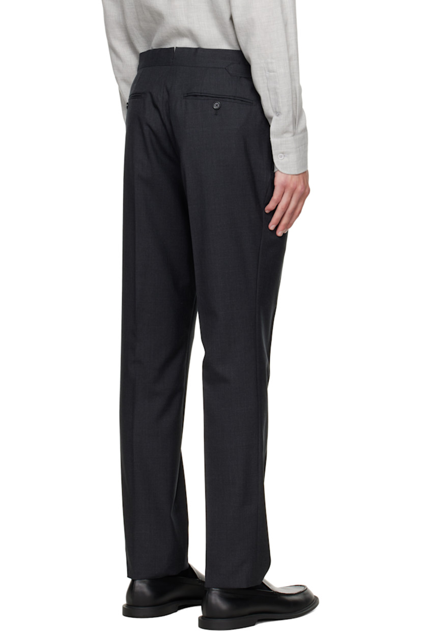 Plain-woven wool trousers

· Cinch tabs at waistband
· Four-pocket styling
· Zip fly
· Creased legs
· Unfinished hem
· Notch at back waistband
· Partial satin lining

Supplier color: Dark grey