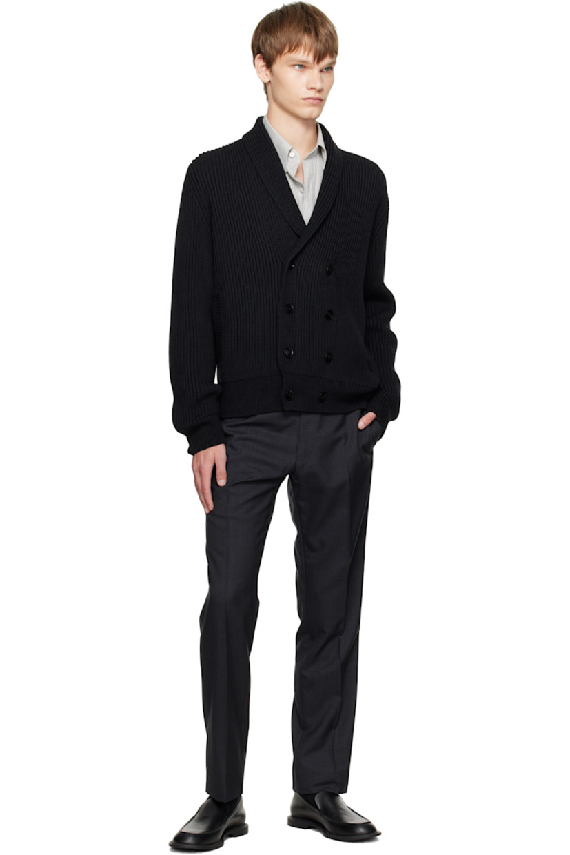 Plain-woven wool trousers

· Cinch tabs at waistband
· Four-pocket styling
· Zip fly
· Creased legs
· Unfinished hem
· Notch at back waistband
· Partial satin lining

Supplier color: Dark grey