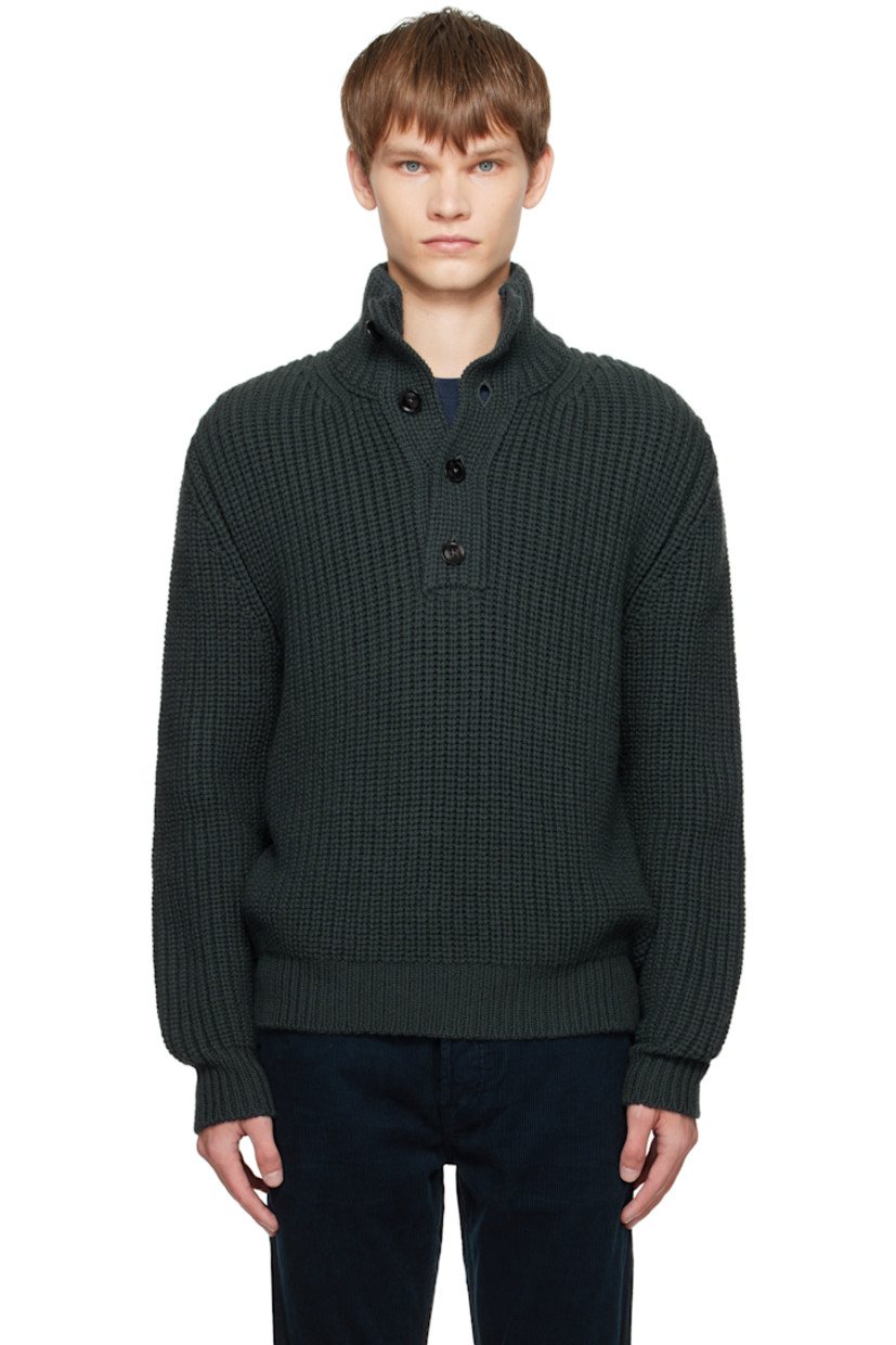 Rib-knit wool- and cashmere-blend sweater.

· Stand collar
· Four-button placket
· Horn hardware

Supplier color: Deep ash