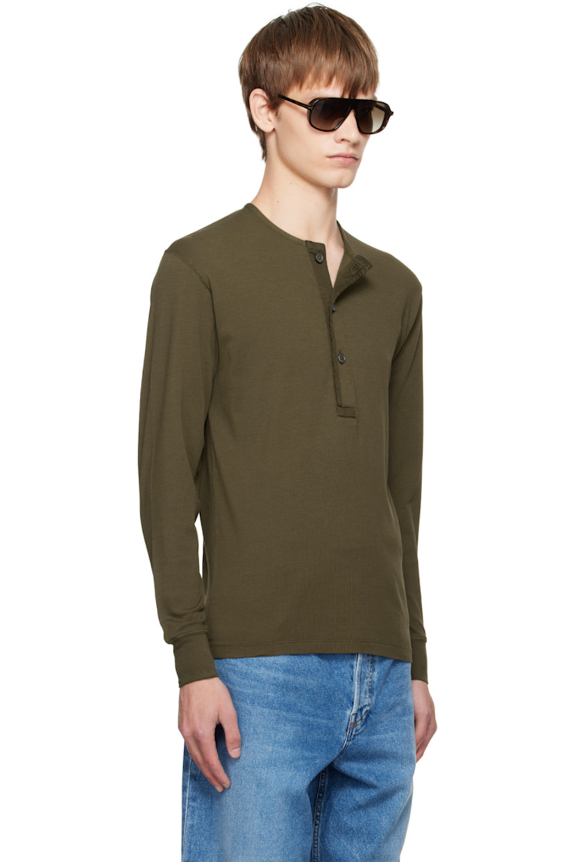 Ribbed stretch cotton jersey henley.

· Crewneck
· Three-button placket

Supplier color: Dark olive