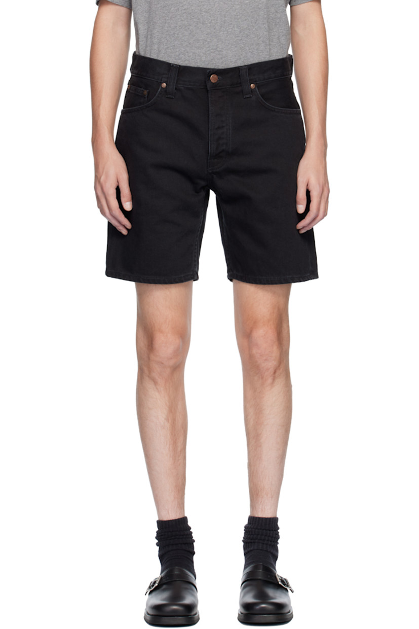 14.9 oz non-stretch organic cotton denim shorts. 

· Fading throughout 
· Wide-leg 
· High-rise
· Belt loops
· Five-pocket styling
· Button fly 
· Logo patch at back waistband
· Logo flag at back pocket

Supplier color: Aged black