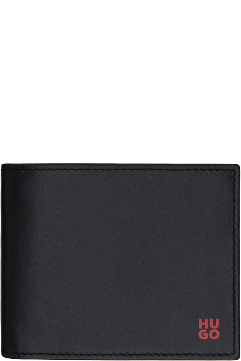 Buffed leather trifold wallet. 

· Logo stamp at face
· Eight card slots at interior 
· Two patch pockets and two note slots 
· ID slot and coin compartment 
· Twill lining
· H3.75" x W4.5" x D0.75"

Supplier color: Black