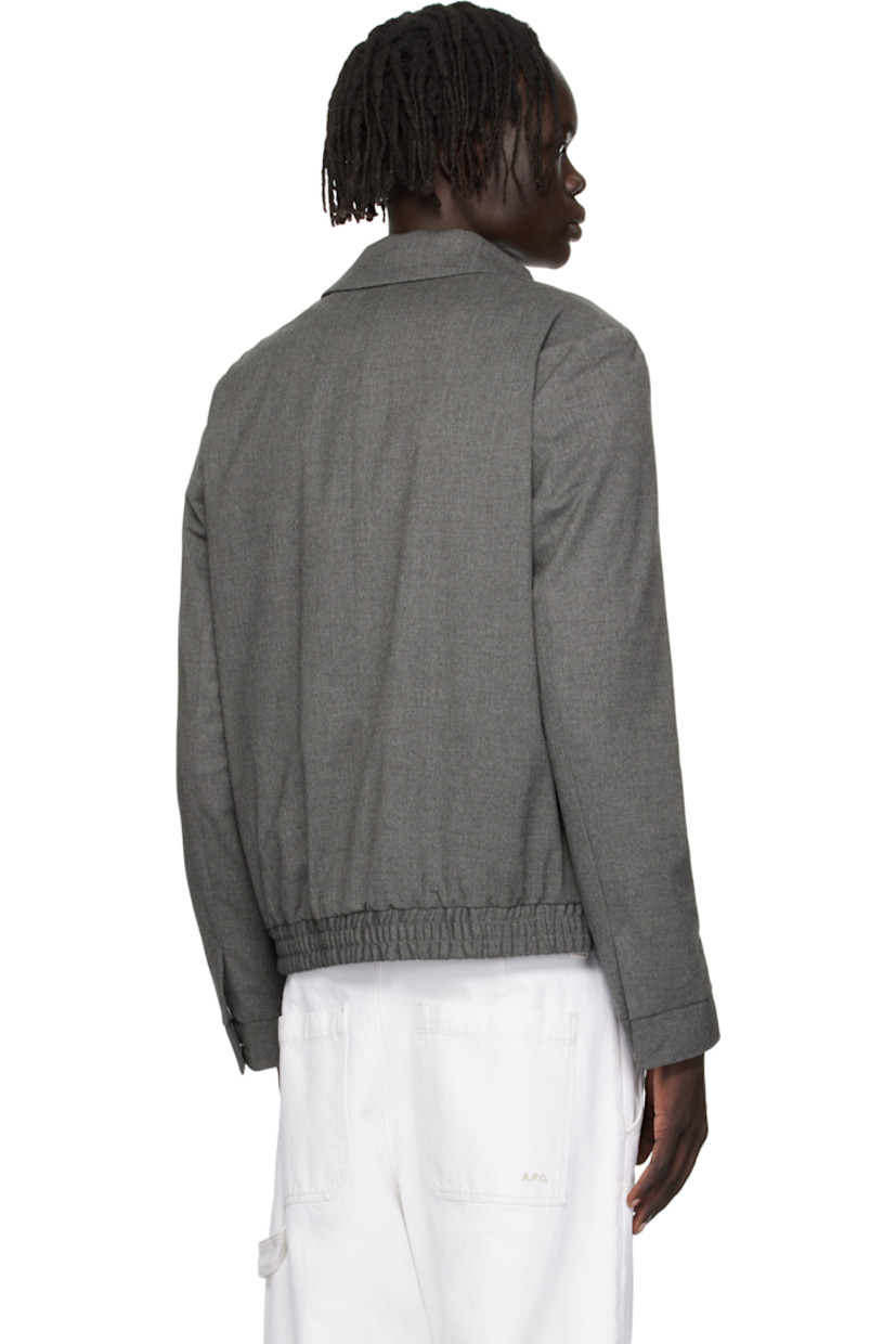 Stretch flannel jacket.

· Spread collar
· Zip closure
· Welt pockets at front
· Elasticized hem
· Press-stud cuffs
· Welt pocket at interior
· Full satin lining

Supplier color: Medium grey