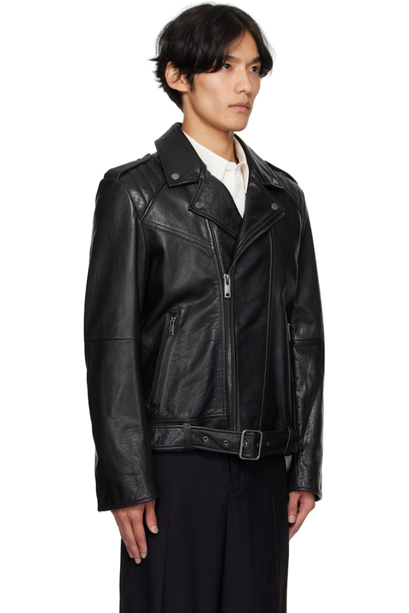 Grained buffalo leather jacket. 

· Notched lapel with press-stud fastening
· Zip closure
· Zip pockets at waist
· Integrated and adjustable belt at hem
· Press-stud epaulets at quilted shoulders
· Zip vent at cuffs
· Full satin lining
· Logo-engraved gunmetal-tone hardware

Supplier color: Black
