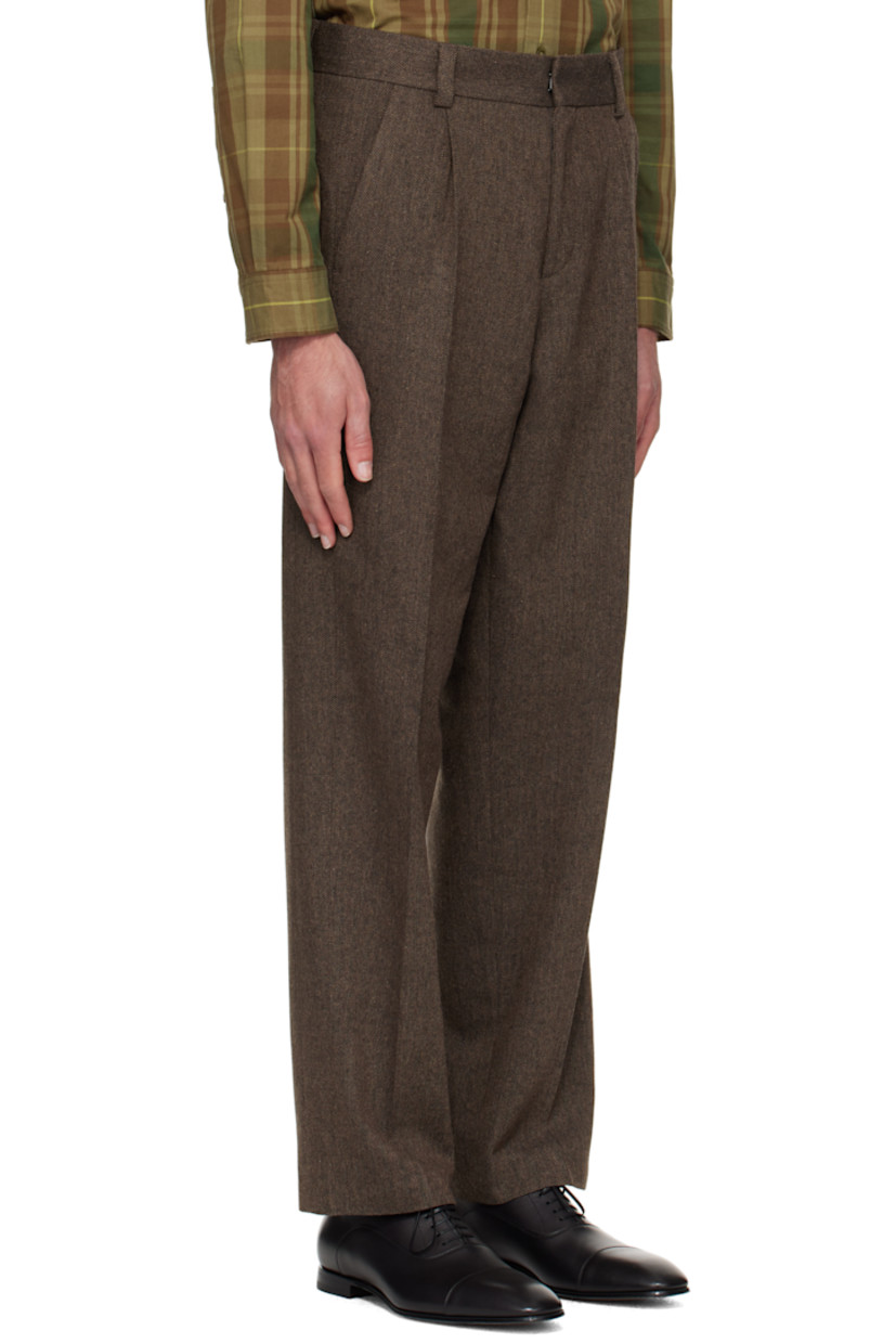 Recycled wool-blend herringbone trousers.

· Belt loops
· Four-pocket styling
· Zip fly
· Box pleats at front 

Supplier color: Medium brown