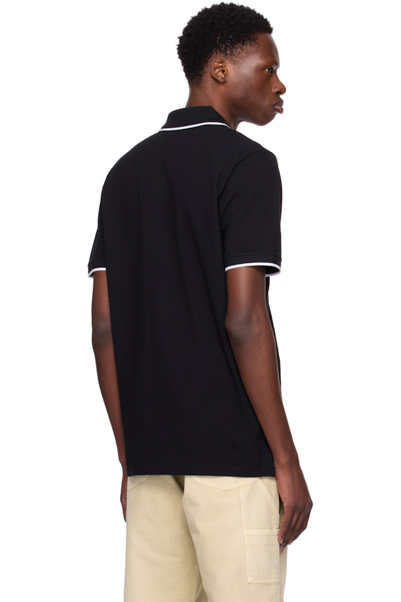 Stretch cotton piqué polo. 

· Striped rib-knit spread collar and cuffs
· Three-button placket
· Logo bonded at chest
· Tennis-tail hem 

Supplier color: Black