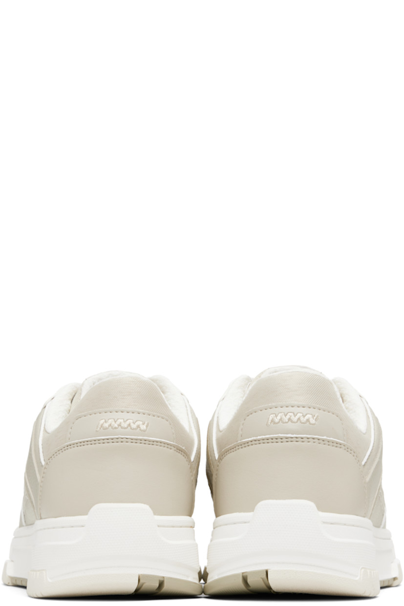 Low-top paneled grained faux-leather and woven sneakers.

· Logo pattern throughout
· Lace-up closure
· Logo patch at tongue
· Padded tongue and collar
· Embroidered detailing at sides and heel tab
· Mesh lining
· Treaded rubber sole

Supplier color: Light beige
