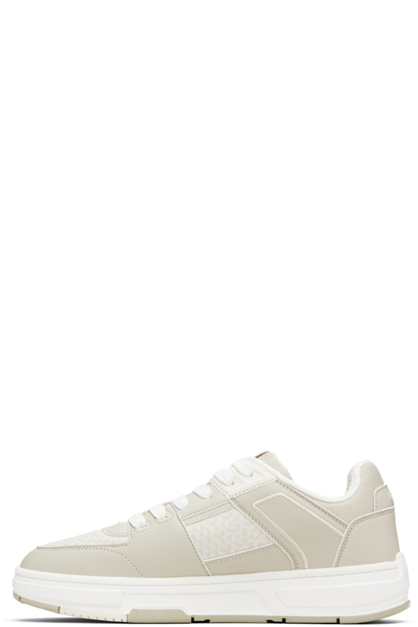Low-top paneled grained faux-leather and woven sneakers.

· Logo pattern throughout
· Lace-up closure
· Logo patch at tongue
· Padded tongue and collar
· Embroidered detailing at sides and heel tab
· Mesh lining
· Treaded rubber sole

Supplier color: Light beige