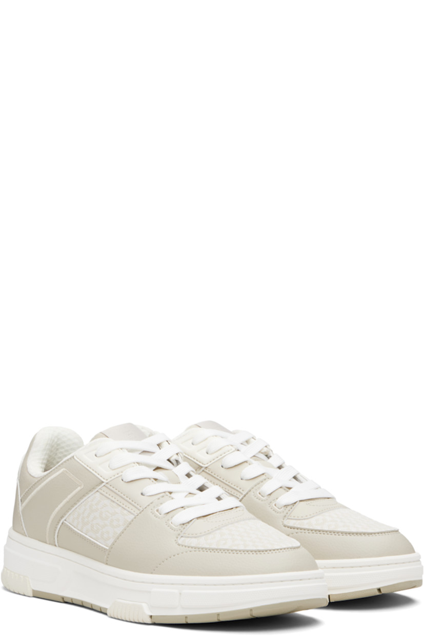 Low-top paneled grained faux-leather and woven sneakers.

· Logo pattern throughout
· Lace-up closure
· Logo patch at tongue
· Padded tongue and collar
· Embroidered detailing at sides and heel tab
· Mesh lining
· Treaded rubber sole

Supplier color: Light beige