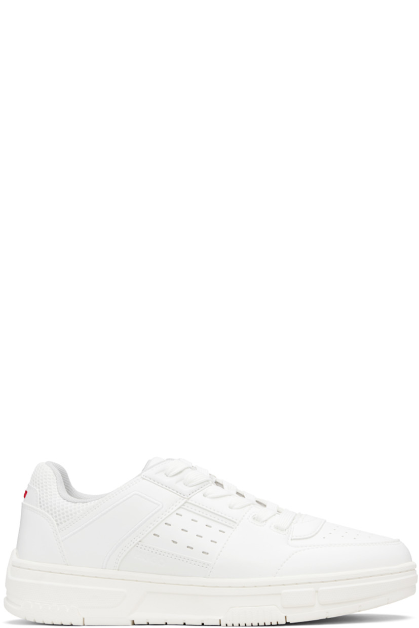 Low-top buffed faux-leather sneakers.

· Perforations at toe and sides
· Lace-up closure
· Logo patch at tongue
· Padded mesh tongue and collar
· Logo embossed at outer side
· Embroidered detailing at sides and heel tab
· Mesh lining
· Treaded rubber sole

Supplier color: White