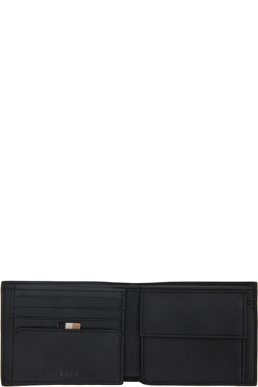 Saffiano leather trifold wallet in black. 

· Logo stamp at face
· Two patch pockets at interior 
· Mesh ID slot and eight card slots
· Coin compartment and two note slots
· Twill lining
· H3.5" x W4.5" x D1"

Supplier color: Black