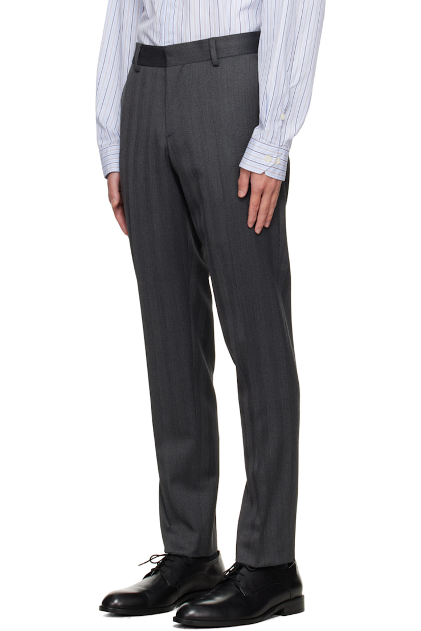 Herringbone stretch wool-blend suit.

· Notched lapel
· Button closure
· Flap pockets at waist
· Full satin lining
· Belt loops at waistband
· Four-pocket styling
· Zip fly
· Creased legs
· Knee-length satin lining

Supplier color: Medium grey