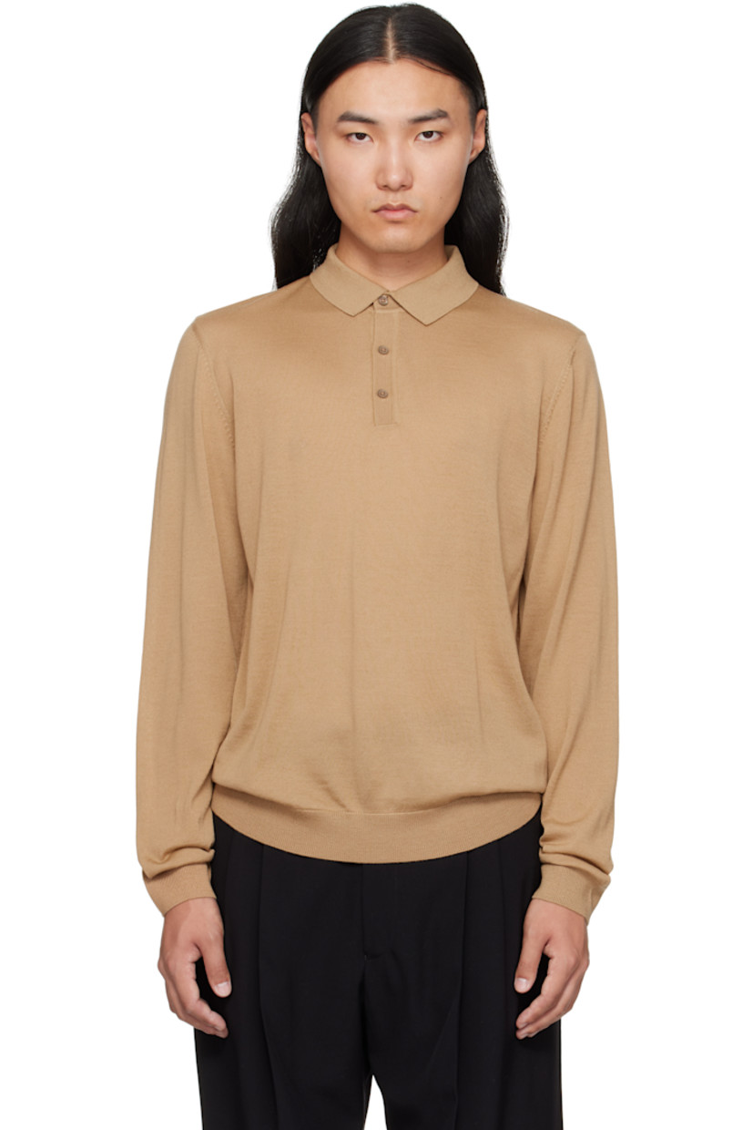 Knit virgin wool polo.

· Rib-knit spread collar, hem, and cuffs
· Three-button placket
· Logo-engraved mother-of-pearl hardware

Supplier color: Beige